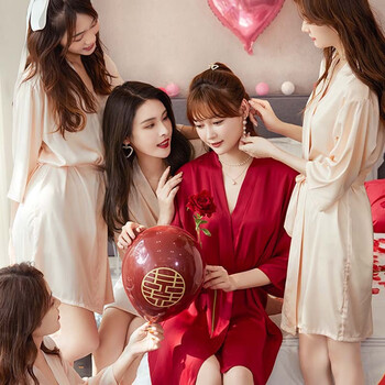 awmbel婚礼晨袍女新娘伴娘团冰丝绸结婚睡衣睡袍红色浴袍女长款夏季薄