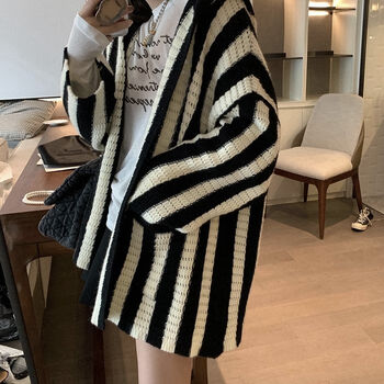 lachapellesport拉夏贝尔针织衫外套女秋冬黑白竖条纹宽松慵懒中长款