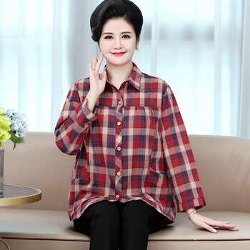 露清轩老人家秋天穿的衣服女中老年女装长袖衬衫春秋大码妈妈装格子