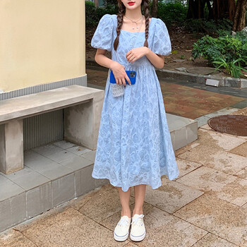 裙2022春夏新款仙女方领碎花泡泡袖蓬蓬公主小个子连衣裙蓝色长款s