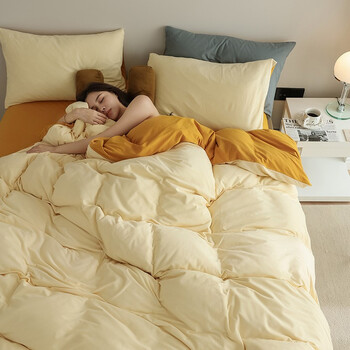 针织34床上用品宝宝被套床套双拼奶鹅黄18m床单款四件套搭配200230被