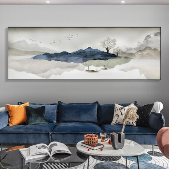 新中式客厅装饰画一整幅大气沙发背景墙挂画壁画办公室山水风景画 A 40*120  黑木纹 (ps外框+油画布) 高清