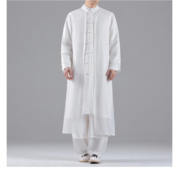 风男装古风假俩件长袍立领中式唐装禅意服飘逸汉服长衫演 白色一套 m