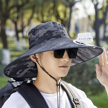clcey带可充电渔夫帽大檐休闲遮阳帽男士出游沙滩防晒帽子夏季15cm大