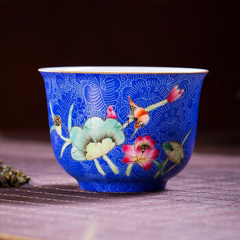 功夫茶具手绘扒花描金粉彩花鸟品茗杯小茶杯主人杯单杯高端精美礼物