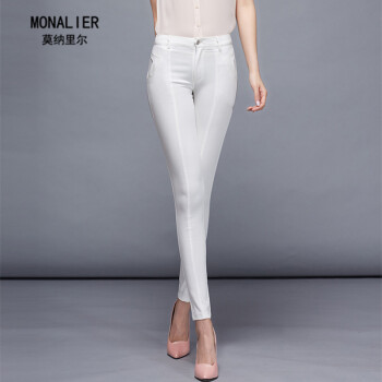 莫纳里尔monalier 2015 春装新款彩色铅笔女裤小脚裤修身显瘦大码休闲女裤 米白色 XL