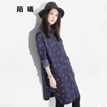 
                                        陌曦韩版宽松大码樱桃车厘子印花长款大衬衫女 图片色 L                