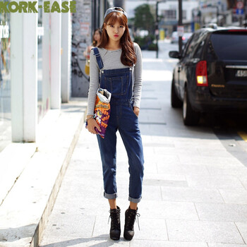 Kork-Ease2015夏装新款女装韩版宽松可爱牛仔背带裤连体裤女9309 深蓝色 M(95-105斤)