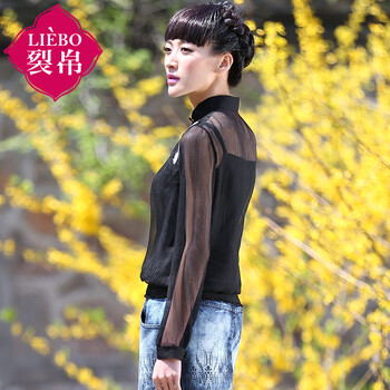 裂帛2016新款 绣花长袖雪纺 针织吊带 假两件女5114007C 黑色  M(胸围90.0/80.0)