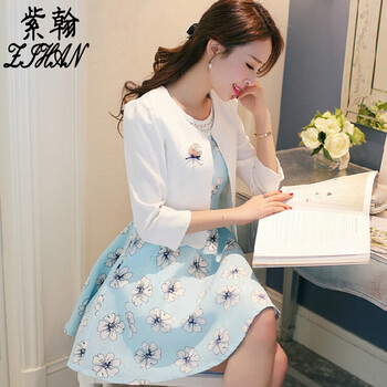 紫翰 2016春季新品两件套 修身印花连衣裙女外套女套装 青色 M
