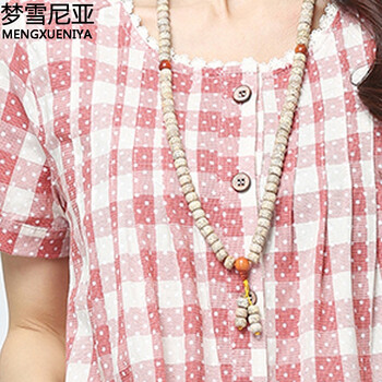 
                                        梦雪尼亚 2015夏新款韩版甜美小清新格子中长款棉麻衬衫短袖衬衣女 红格 L                