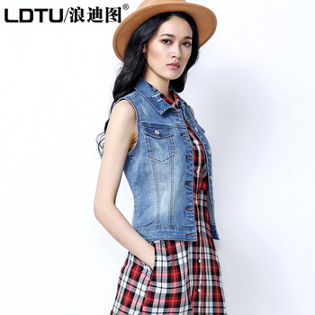 浪迪图Langditu牛仔马甲女无袖背心夏百搭复古小坎肩大码上衣 深蓝色 XL