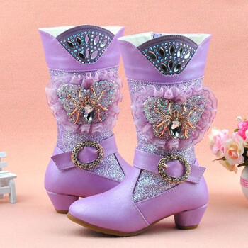 女孩靴子女童公主高跟冬天儿童秋冬款加绒中大童6-7-8岁9岁中筒 紫色