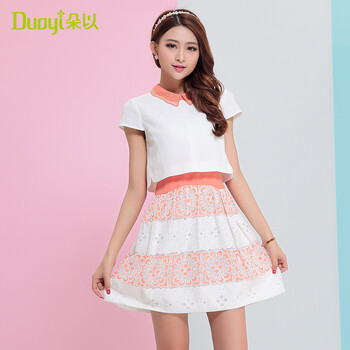 DuoYi/朵以夏装娃娃领假两件中长款连衣裙女30DX81713 星空蓝 S