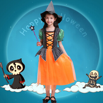 女童孩公主cosplay南瓜连衣裙角色扮演派对长袖宝宝演出服 公主南瓜装