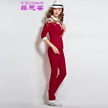 菲思蜜20105春装新款女装小西服三件套修身显瘦运动套装时尚休闲 红色 L