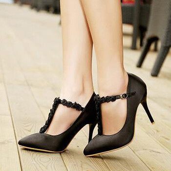 crapemyrtle2015新款女鞋甜美花朵t字扣带浅口尖头细高跟单鞋 黑色 36