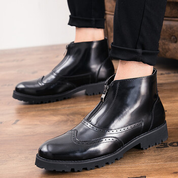 秋冬季欧美短筒靴男士新款时尚复古圆头马丁靴青少年休闲套脚皮靴短绒