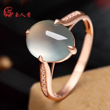 玉人香 翡翠戒指女款 玻璃种蛋面玉石18k金镶嵌钻石指环 14