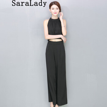 Saralady 2015名媛夏装新款性感无袖露脐雪纺T恤高腰阔腿休闲长裤套装女 黑色 M