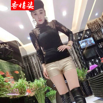 香情姿  蕾丝拼接镂空修身显瘦打底衫长袖T恤紧身小衫潮 酒红色 均码