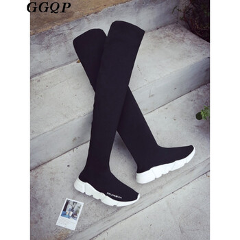 ggqp袜子鞋女欧美长筒坡跟过膝靴女长靴女鞋运动弹 黑色 35