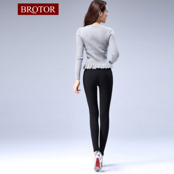 BROTOR2015春夏新款波浪腰头修身显廋打底裤 百搭弹力小脚裤Ｒ５６７ 黑色 XL