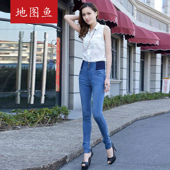 2015春款松紧腰高腰 加肥加大码牛仔裤女长裤显瘦修身小脚铅笔牛仔裤 地图鱼 865浅蓝款 XL
