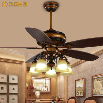 【元钰】 欧式复古吊扇灯 卧室客厅书房餐厅风扇灯 灯具照明 富丽金黄5头 不带光源 52寸线控E27光源