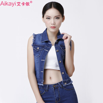 艾卡依 马甲女装2015秋装无袖流苏小外套全棉牛仔马夹 688 蓝色 均码