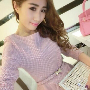 尤纳华菲 2015韩国新款女装千鸟格七分袖上衣+裤子套装送腰带 6664 红色 M
