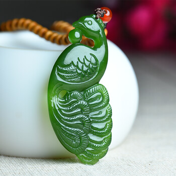 玉阅珠宝 新疆和田玉俄罗斯碧玉老坑料孔雀吉祥如意男女士吊坠