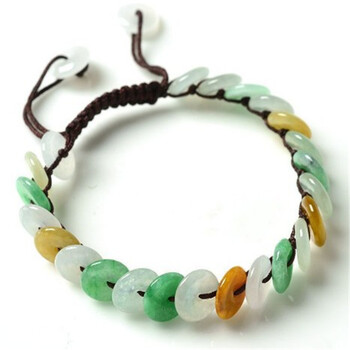 翡翠a货玉手串  三彩冰糯种平安扣手链 a货女款玉石玉器手工编织炫石