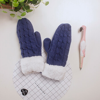 手套女冬季保暖学生加绒加厚可爱韩版全包指针织骑车挂脖毛线手套 深