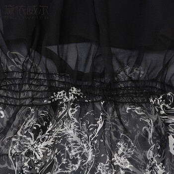 黛依威尔春夏新品乔其印花真丝上衣 套头松紧雪纺衫100%桑蚕丝 黑色 M