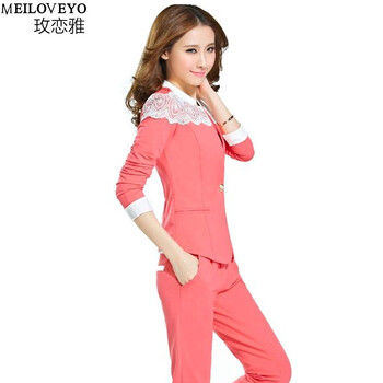 玫恋雅2016秋季新品 职业休闲卫衣套装 女士蕾丝小西装三件套运动休闲套装 高品质5328 西瓜红 M