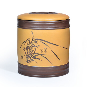 
                                        晨茗 宜兴紫砂茶叶罐大号普洱茶缸七子饼存茶醒茶罐 四色罐8饼装 黄色款                