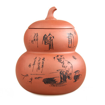 品茶忆友 紫砂葫芦茶叶罐 紫砂大码储茶罐 大号密封罐茶缸 红色