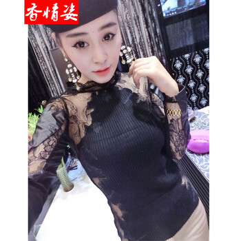 香情姿  蕾丝拼接镂空修身显瘦打底衫长袖T恤紧身小衫潮 酒红色 均码