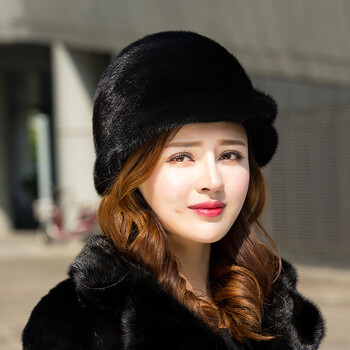 貂皮帽女士秋冬季新款水貂毛整貂裘皮礼帽时尚保暖中老年帽子 黑色 s