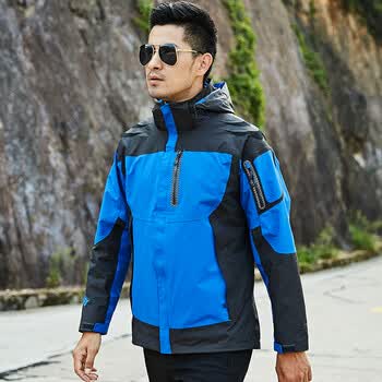 保暖加厚冲锋衣男三合一防水透气全压胶登山服外套登山冲锋衣 蓝色