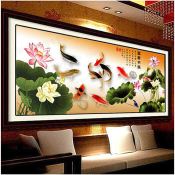 
                                        皇家至尊蒙娜丽莎十字绣客厅新款大幅沙发背景墙画精准印花富贵有余系列中国风荷花3D系列立体 3D丝线富贵有余195*90.                
