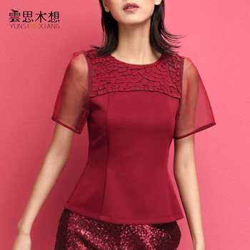 云思木想2015夏季新款女装欧根纱收腰显瘦红色雪纺蕾丝衫20786 红色 S