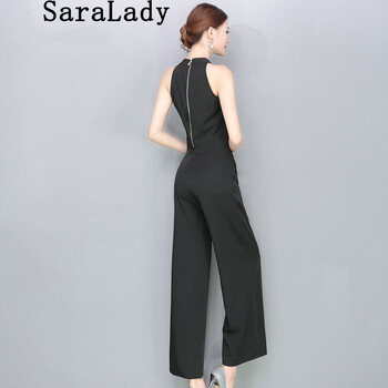 Saralady 2015名媛夏装新款性感无袖露脐雪纺T恤高腰阔腿休闲长裤套装女 黑色 M