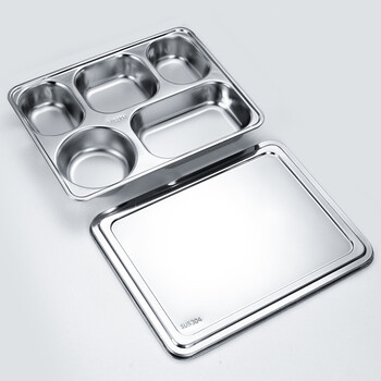 旗丰304不锈钢学生餐盘大容量分格带盖快餐盘 五格餐盘(加厚加深)带盖