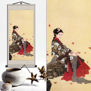 古典人物工笔仕女图中式装饰艺术画挂轴美人国画卧室丝绸挂画高清