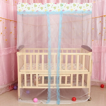 惜棉家纺 新款夏季儿童不锈钢杆方顶蚊帐婴儿幼儿园床带蕾丝花边蚊帐1.0床 浅蓝色蕾丝边 115*65cm