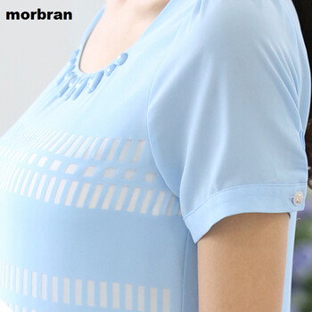 morbran曼布兰 2015夏装新款韩版镂空大码修身显瘦简约短袖雪纺衫女6020 浅蓝色 XL