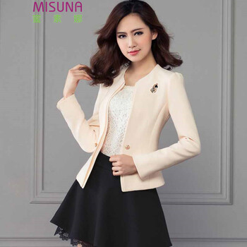 蜜素娜    2015秋新品长袖配修身小西装短外套#8502 杏色 XL