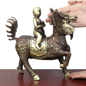 真全铜器纯铜麒麟童男童女童子骑铜麒麟黄铜麒麟工艺品摆件做旧色童男